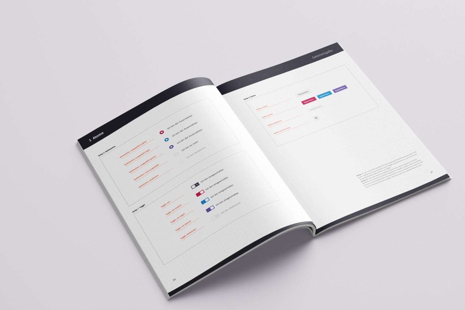 In einem aufgeschlagenen Buch sind Komponenten eines Designsystems dokumentiert.