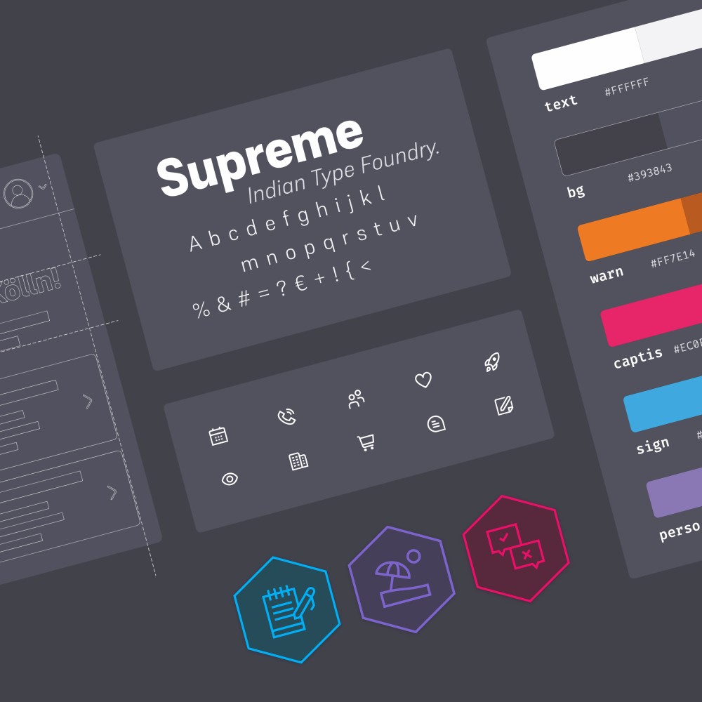 Visuelle Elemente eines Designsystems (Farben, Schrift, Grafiken) sind in einem Raster angeordnet.