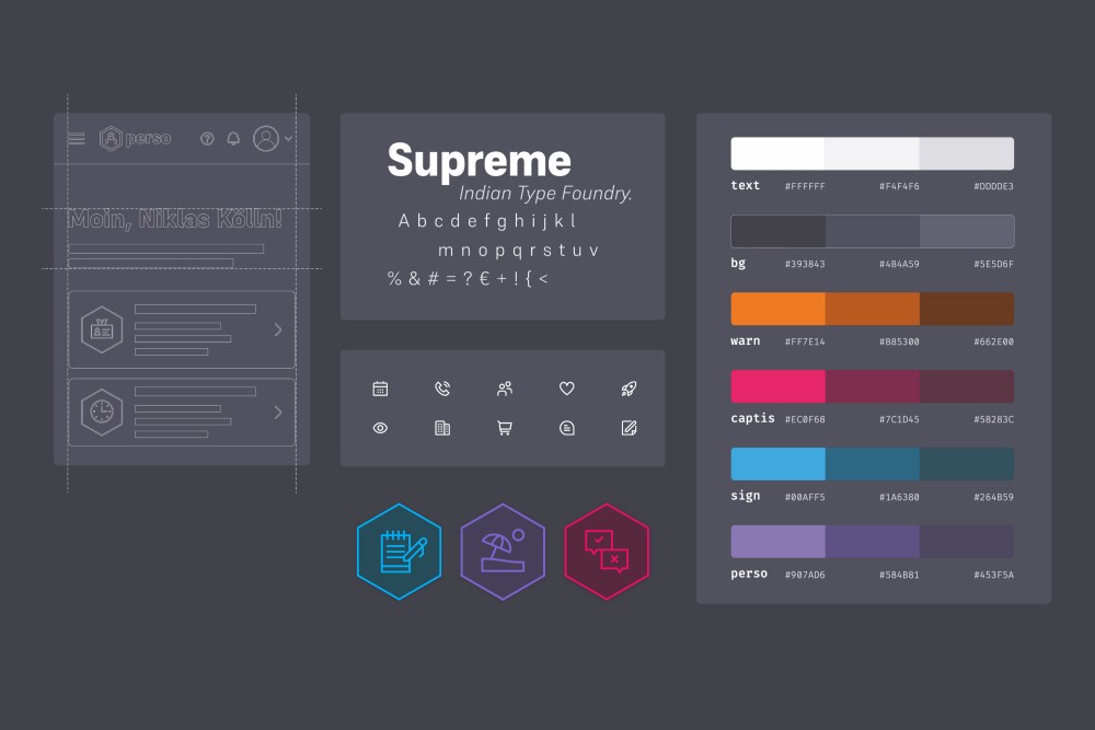Visuelle Elemente eines Designsystems (Farben, Schrift, Grafiken) sind in einem Raster angeordnet.