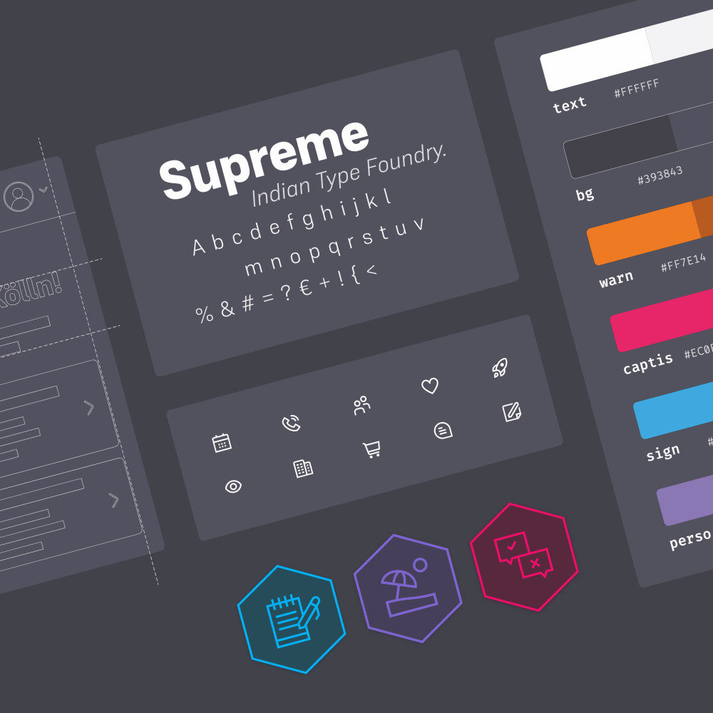 Visuelle Elemente eines Designsystems (Farben, Schrift, Grafiken) sind in einem Raster angeordnet.