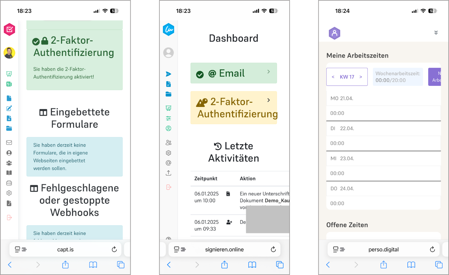 Screenshots dreier Software-Anwendungen im Browser. Die Anwendungen weisen diverse visuelle Unstimmigkeiten und eine schlechte Darstellung auf Mobilgeräten auf.