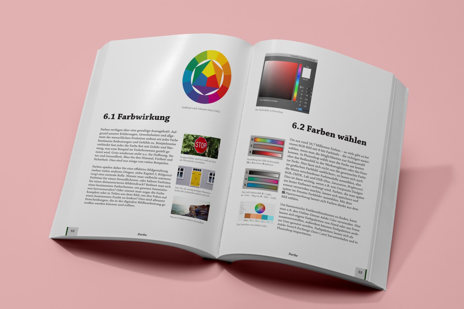 Das Buch »Digitale Bildbearbeitung« liegt aufgeschlagen mit Kapitel 6 (»Farbe«) vor einem blassroten Hintergrund.