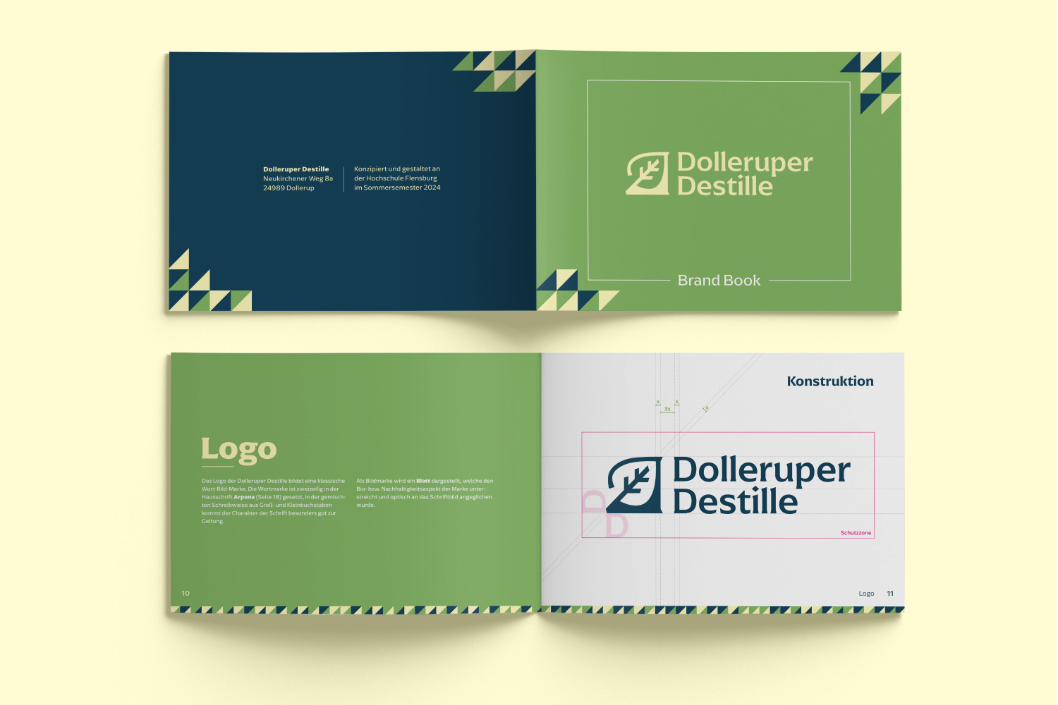 Mockup zweier aufgeschlagener Doppelseiten des Brand Books: der Umschlag mit Logo sowie die Seiten zur Konstruktion des Logos.