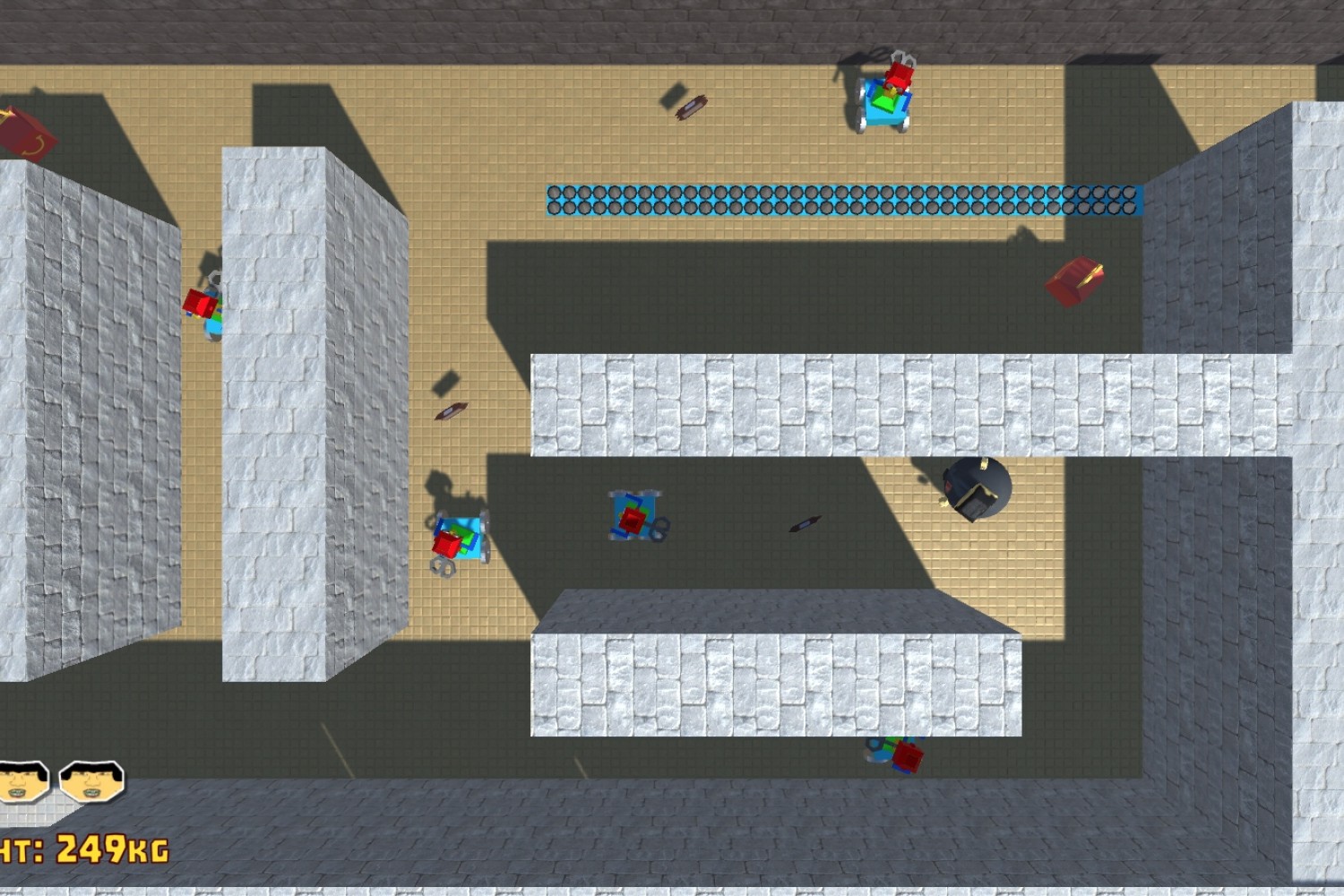 Screenshot aus dem zweiten Level des Spiels »Kim’s Morning Routine«. Zu sehen ist eine Art Labyrinth aus Top-Down-Ansicht, durch das sich der Spieler navigieren muss.