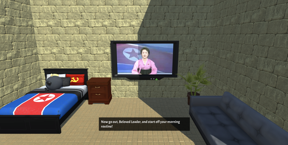 Screenshot aus dem ersten Level des Spiels »Kim’s Morning Routine«. Zu sehen ist ein großes Bett mit der nordkoreanischen Flagge, auf dem der Spieler schläft und ein Video von der wütenden Ansagerin aus Nordkorea, Kims »Assistenz«.