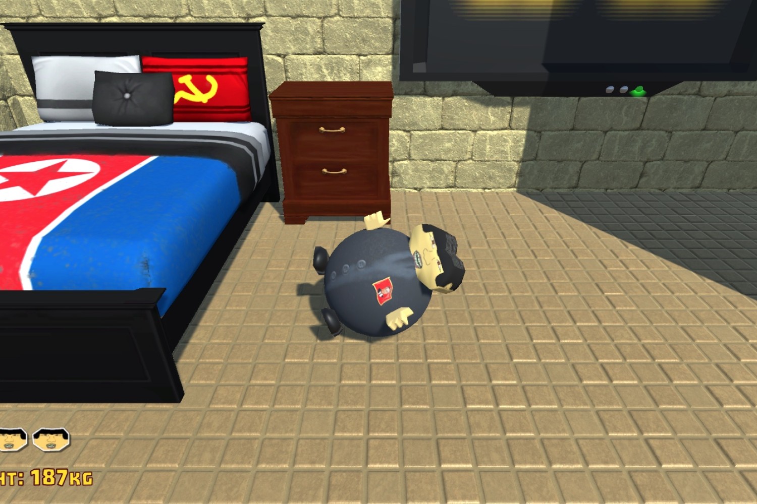 Screenshot aus dem ersten Level des Spiels »Kim’s Morning Routine«. Zu sehen ist ein großes Bett mit der nordkoreanischen Flagge, auf dem der Spieler schläft.