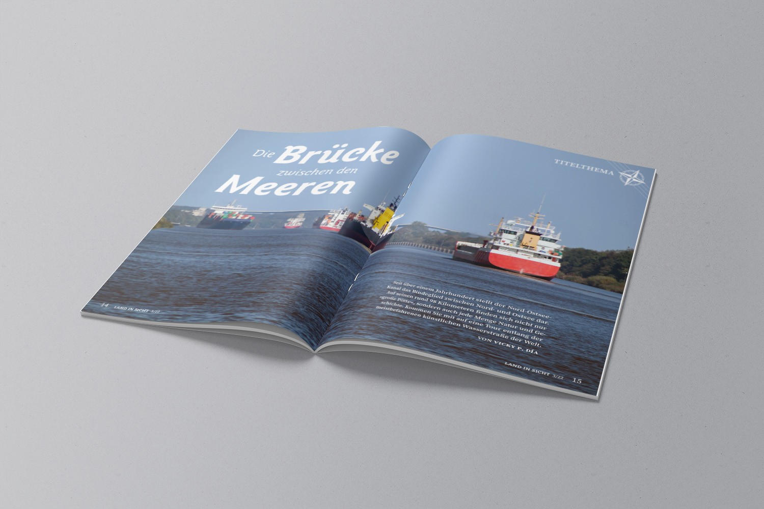 Mockup of “LAND IN SICHT” magazine in front of a gray background