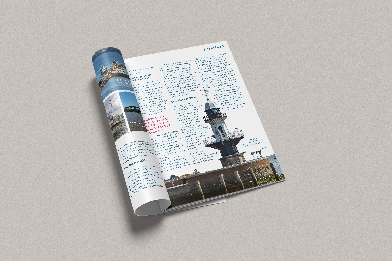 Mockup of “LAND IN SICHT” magazine in front of a gray background