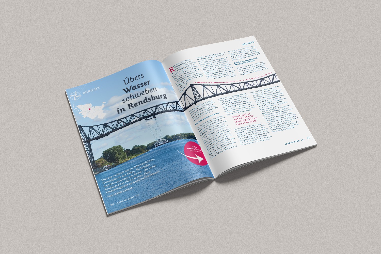 Mockup of “LAND IN SICHT” magazine in front of a gray background