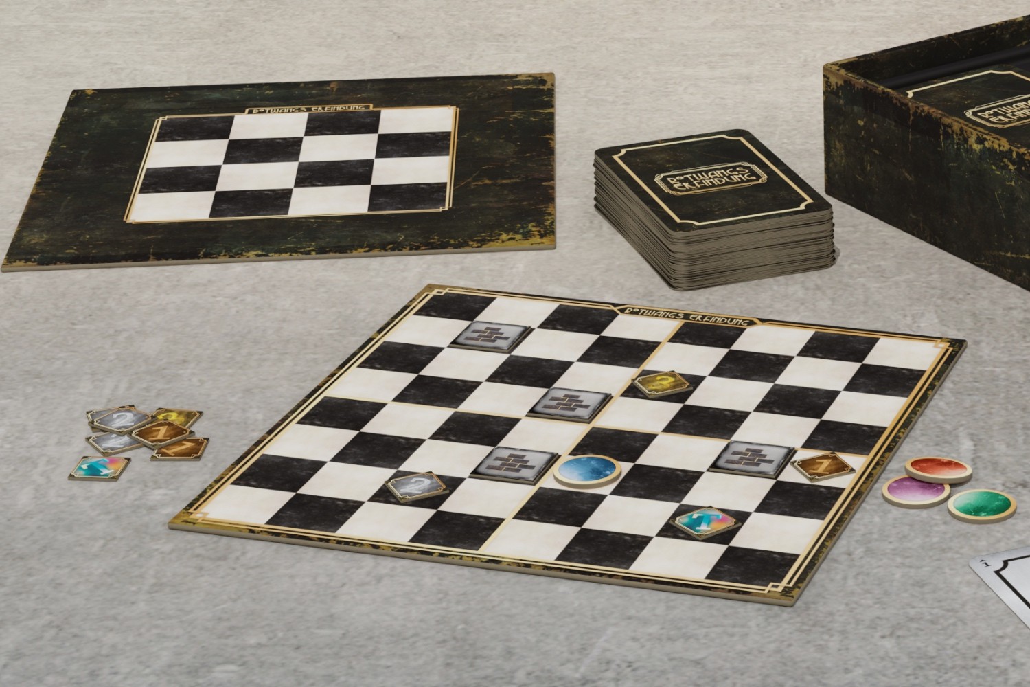 Virtueller Render des aufgebauten Spiels »Rotwangs Erfindung« mit Spielbrett, Spielsteinen und Spielkarten.