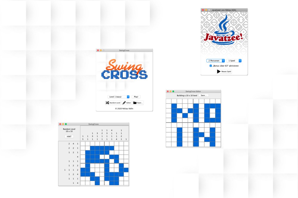 Screenshots of two Java games in front of an abstract background made up of white squares