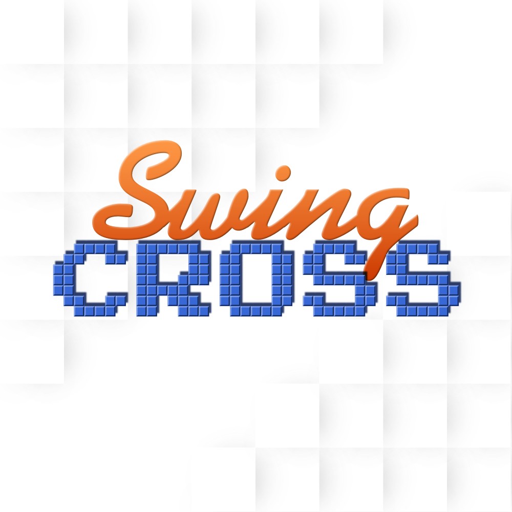 Das Logo von »SwingCross« vor einem abstakten Hintergrund aus weißen Quadraten