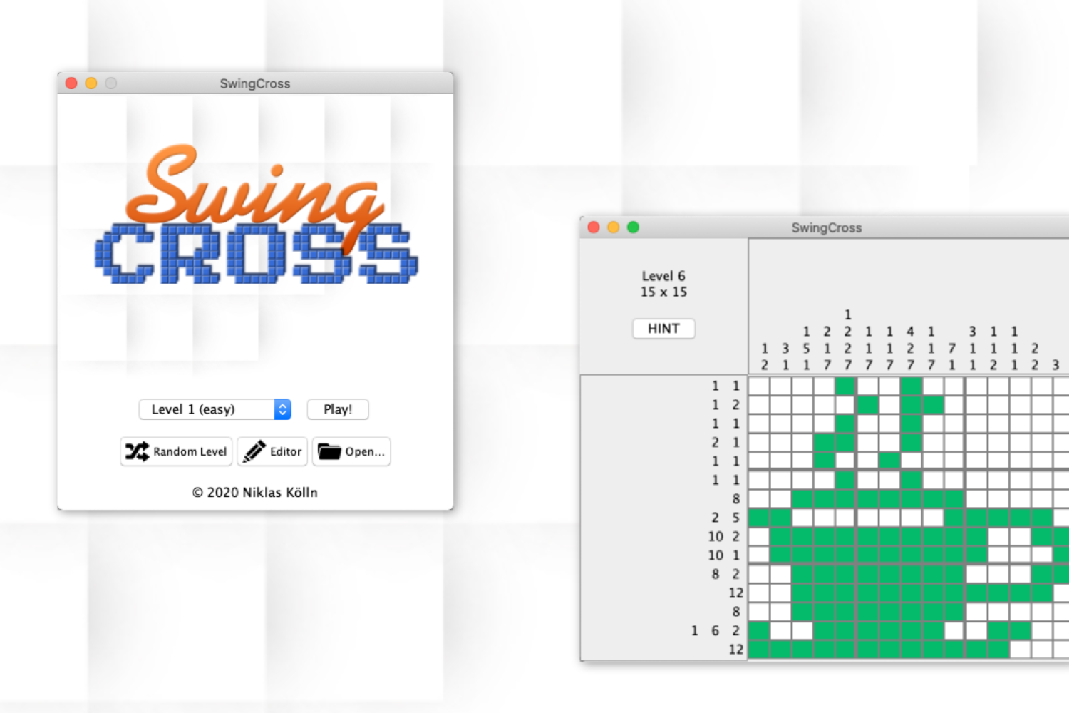 Screenshots of “SwingCross” showing the game’s menu and a completed level