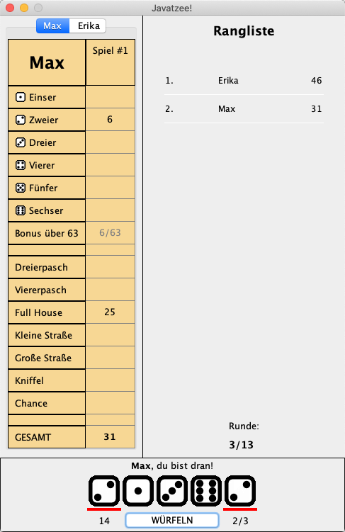Screenshot showing “Javatzee”.
