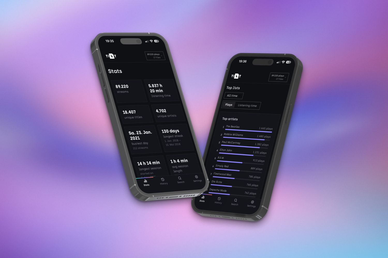 Zwei Smartphones mit der mobilen Ansicht von TILT.