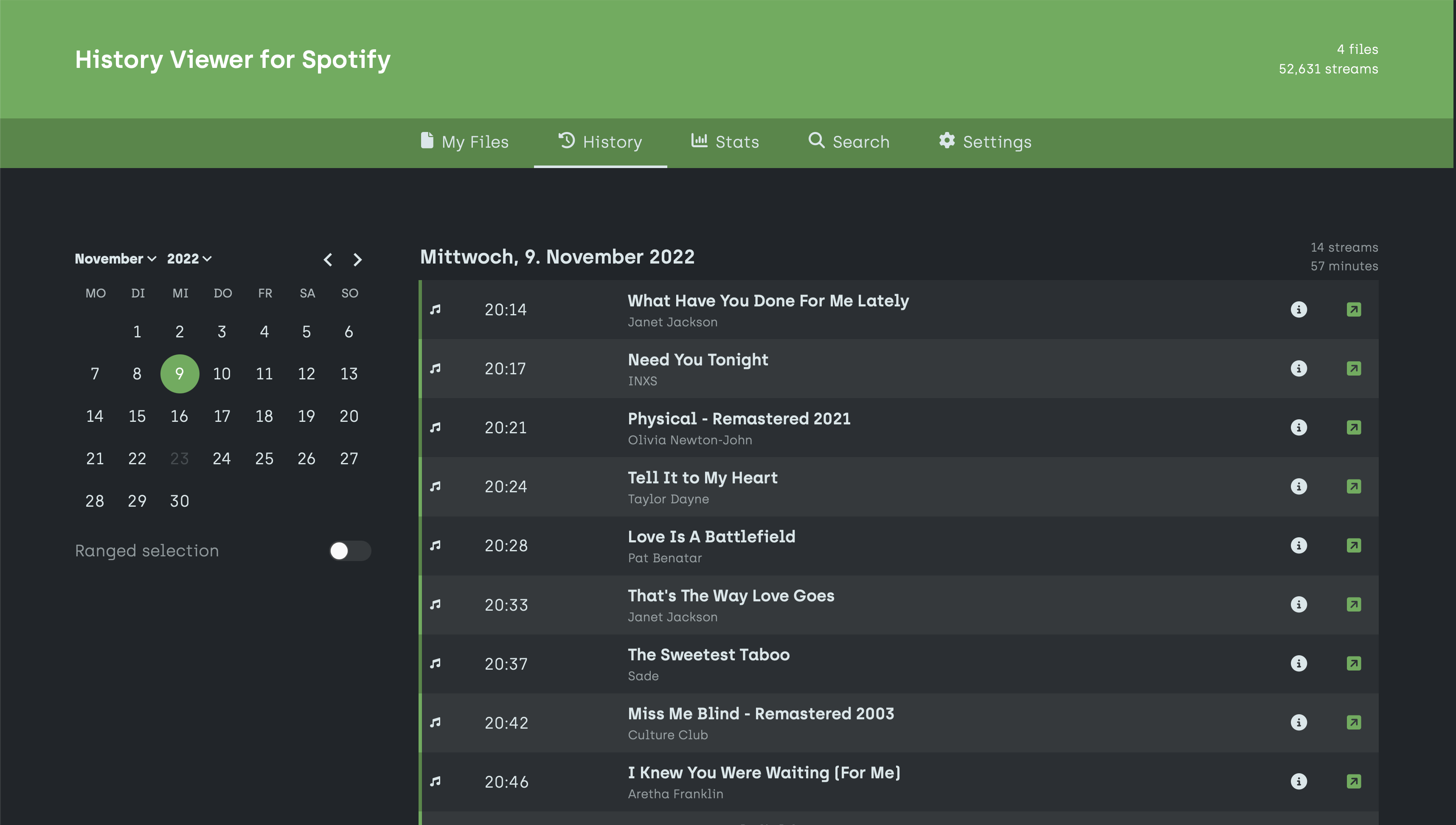 Screenshot der frühen Version „History Viewer for Spotify“