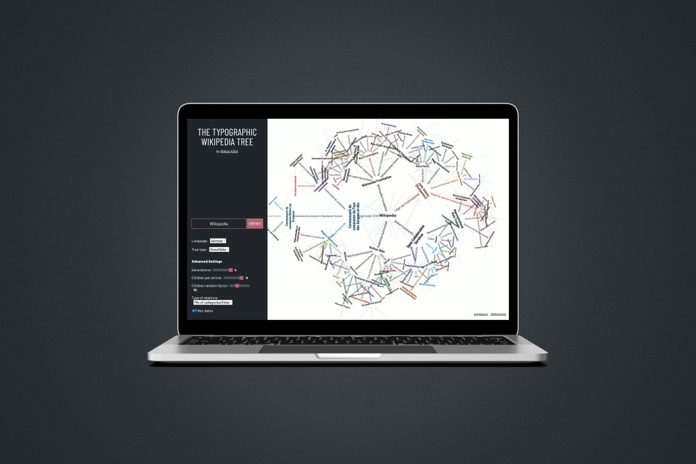 Mockup of a laptop showing “The Typographic Wikipedia Tree”