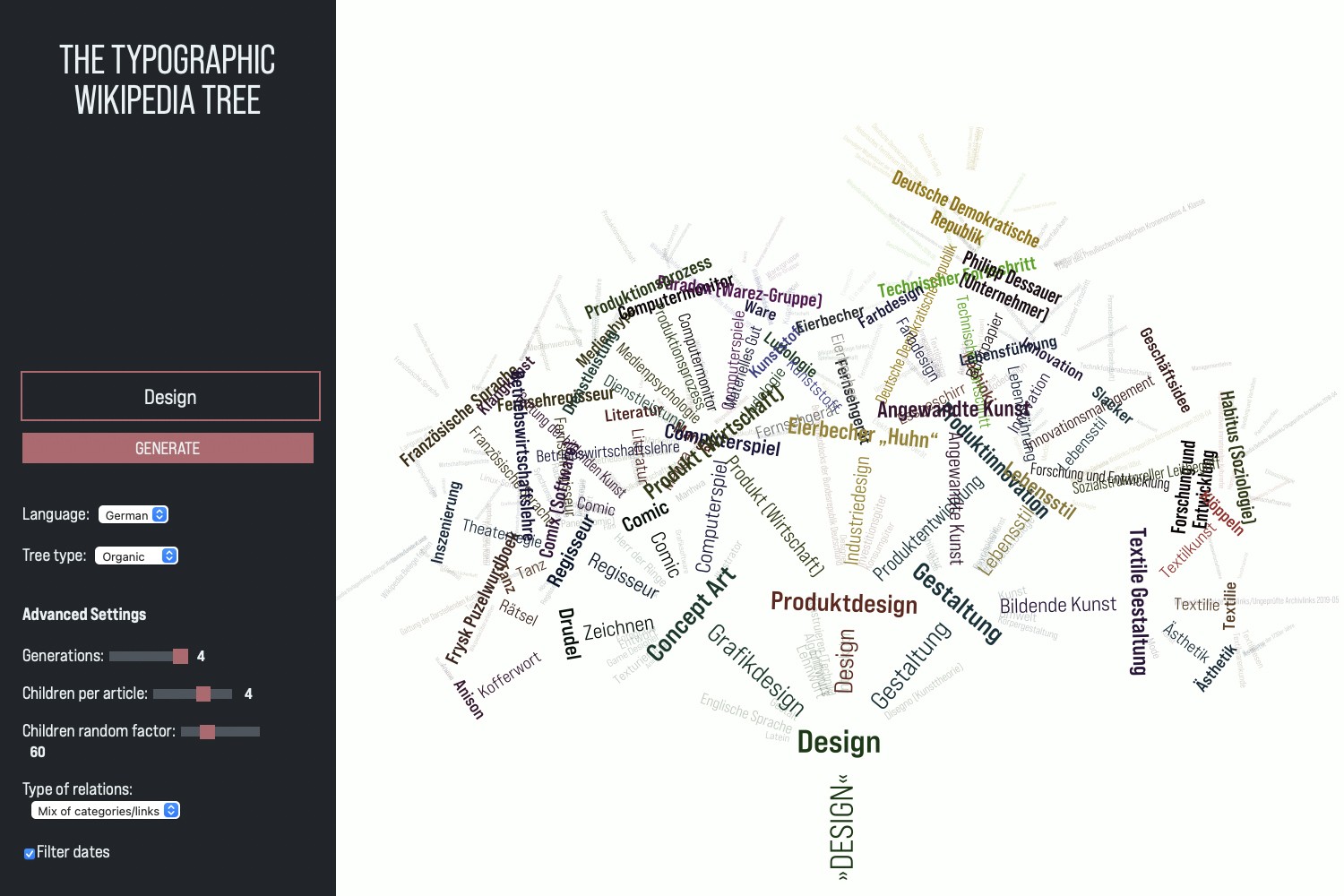 Screenshot from the application “The Typographic Wikipedia Tree”: A procedurally generated “tree” of Wikipedia words using the example term “design”.
