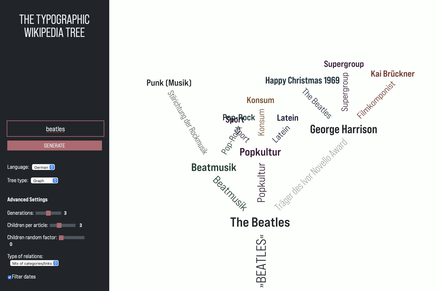 Screenshot from the application “The Typographic Wikipedia Tree”: A procedurally generated “tree” of Wikipedia words using the example term “The Beatles”.